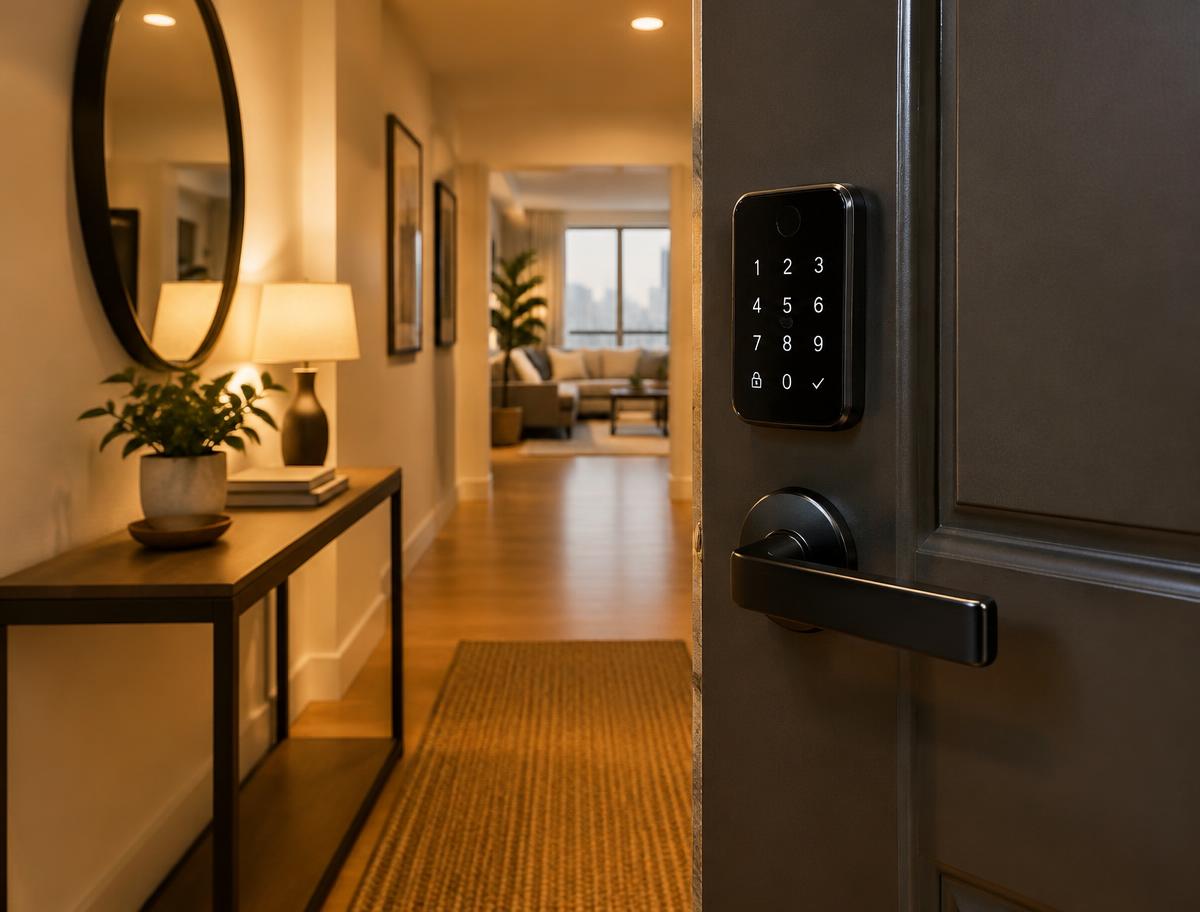 Illustrative apartment entrance with a keyless smart lock