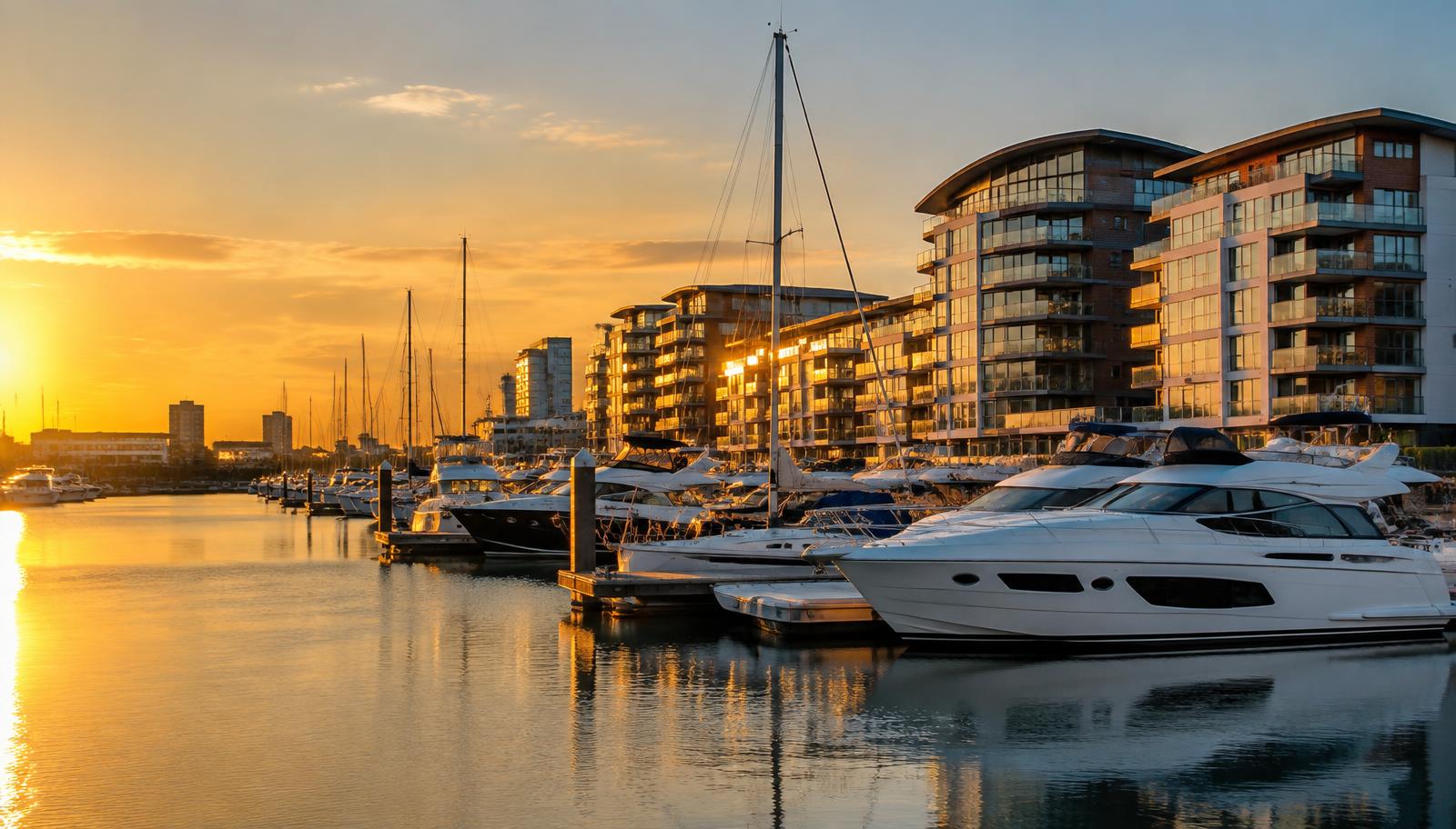 Illustrative Southampton waterfront marina at golden hour